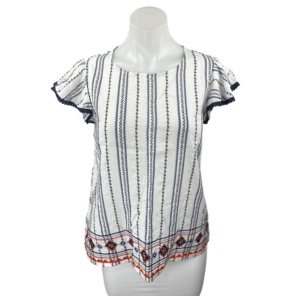 THML Bogo White Blue Striped Embroidered Short Flutter Sleeve Blouse Top Size S